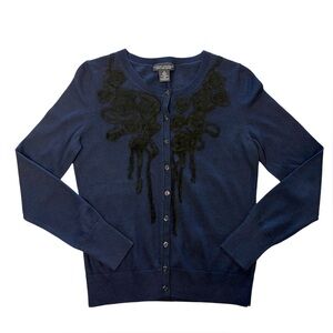 Banana Republic Wool Cardigan with Buttons & Floral Embroidery, small, Navy